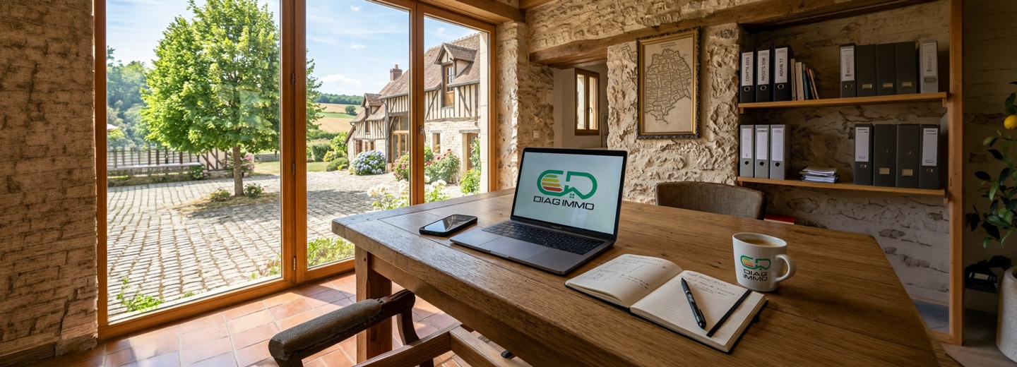 Bureau en pierre avec vue sur une maison à colombages et un jardin